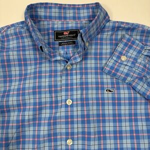 Vineyard Vines Performance Plaid Buttondown Shirt Blue Pink Boys XL Long Sleeve